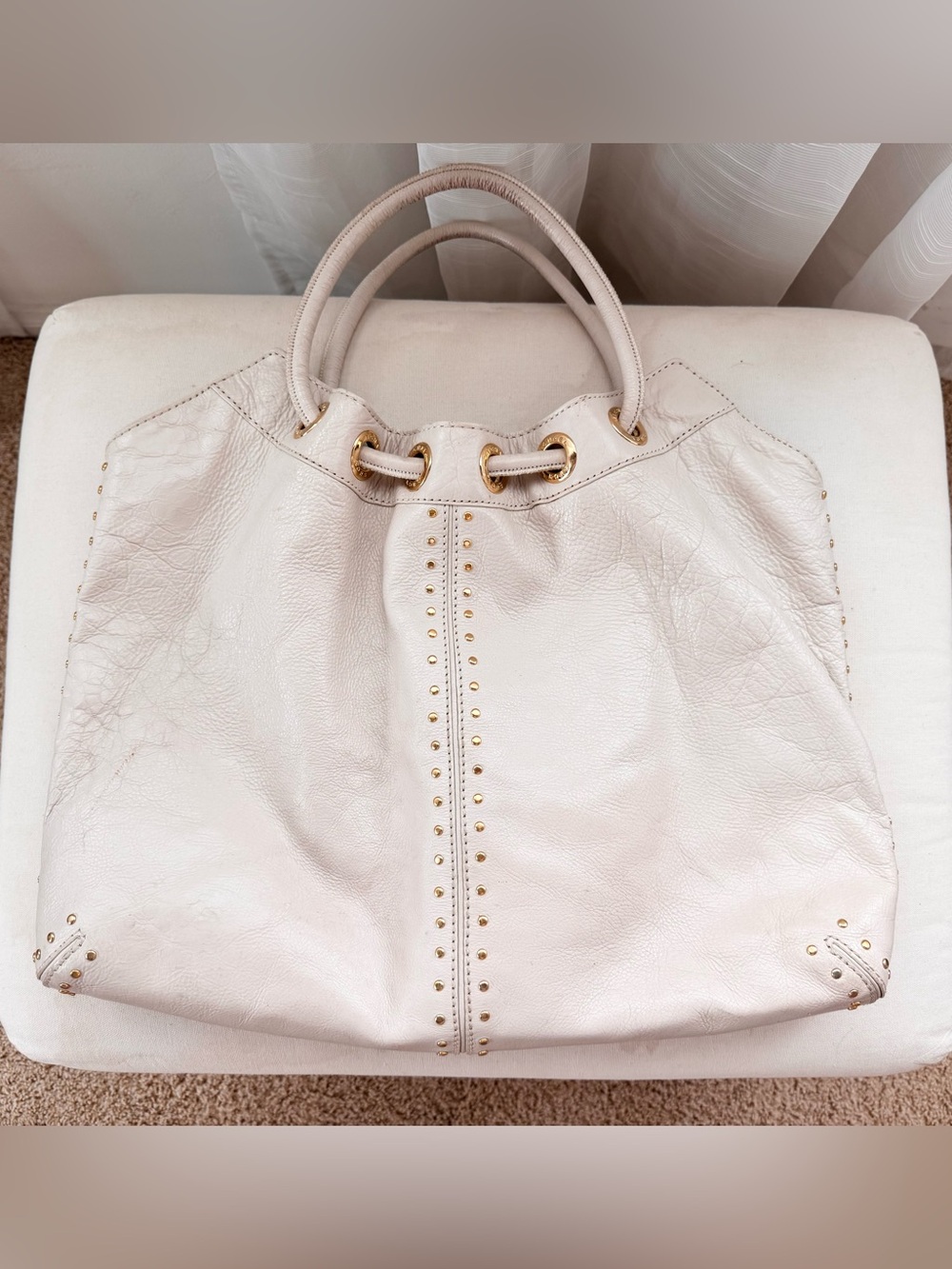Ivory Leather Tote Bag with Gold Stud Accents